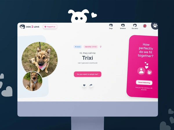 Dog2Love dog profile with Smart Matching card